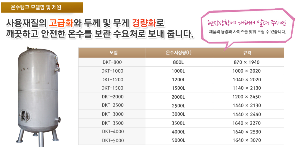 온수탱크 제품명 및 제원